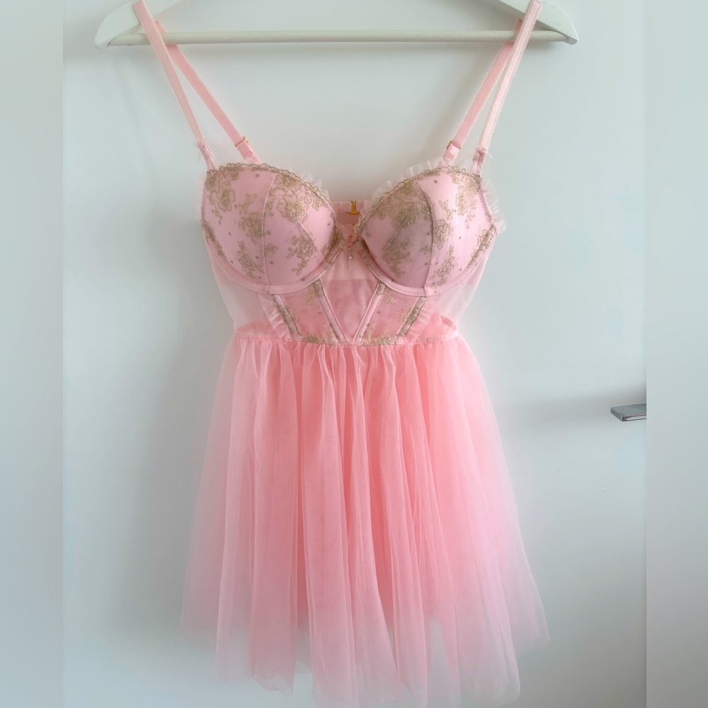 Victoria's Secret Pink Chiffon Babydoll Lace Chemise Lingerie Nightgown 34B